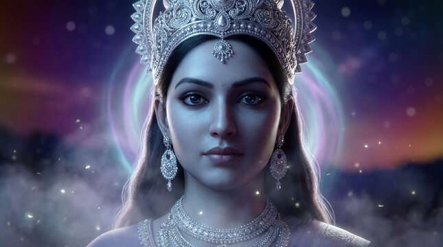 Mystical portrait of a beautiful goddess or queen with an ornate crown and jewelry against a cosmic background - Powered by Adobe