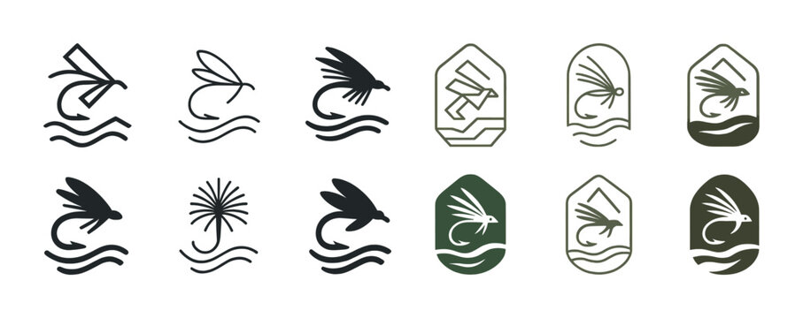 Set of abstract fishing lure icons with fly designs