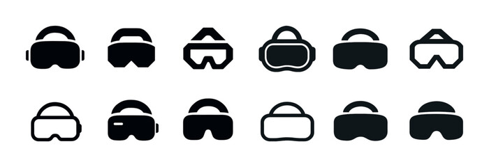 Collection of various black silhouette goggle icons for vr and diving