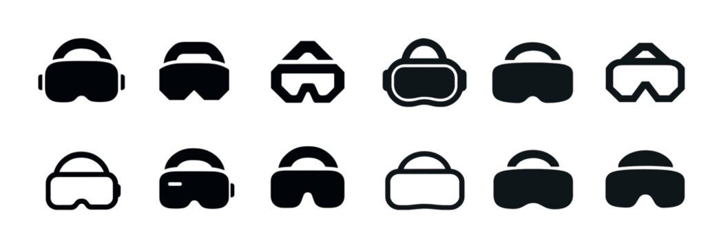 Collection of various black silhouette goggle icons for vr and diving