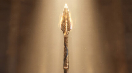 A closeup of a gleaming golden spearhead illuminated by a divine light, symbolizing strength and ancient power
