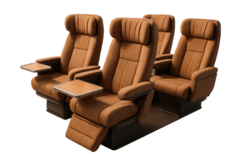 Comfortable train carriage featuring plush reclining seats and foldable tables.