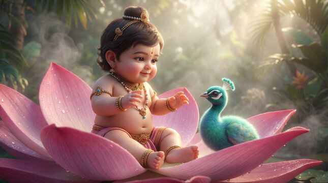 Adorable baby deity sitting peacefully on a vibrant pink lotus flower with a charming peacock in a mystical forest