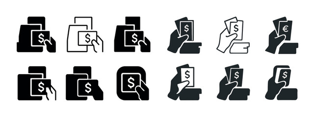 Set of hand holding money icons in various styles