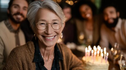 Senior woman celebrating birthday with family at home with cake