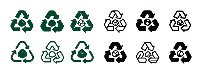 Diverse recycling symbols in green and black variations