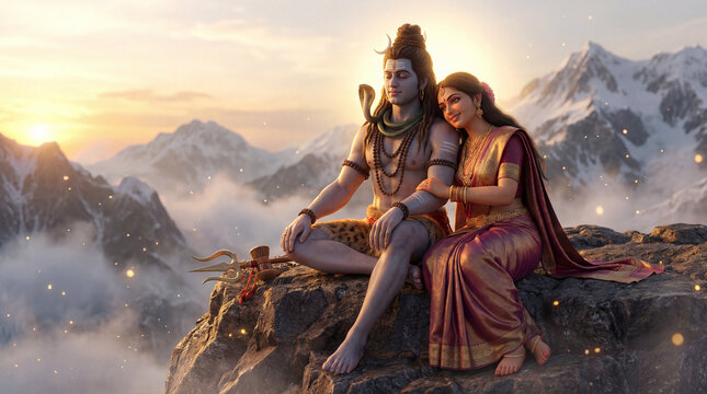 Lord shiva and goddess parvati, the divine couple, sitting peacefully on a mountain at sunset