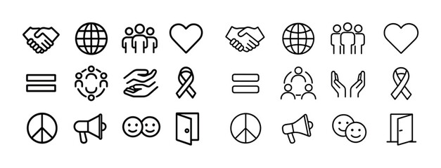 Diverse set of line icons: peace, equality, unity, support, advocacy