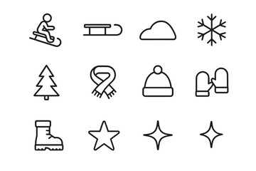 Holiday Sledding Icons. Holiday Sledding Fun. Line outline icon set of Holiday Sledding Fun: person on sled,