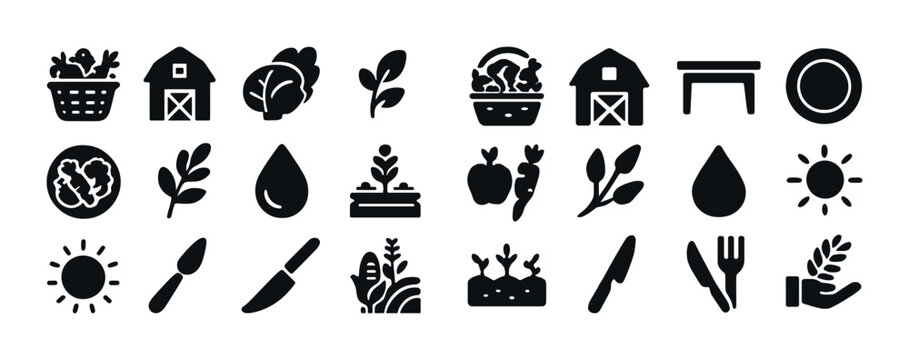 Farm and dining icons: agriculture, food, and sustainability symbols in black silhouette