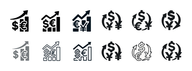 Currency exchange trends: dollar, euro, yen icons with arrows