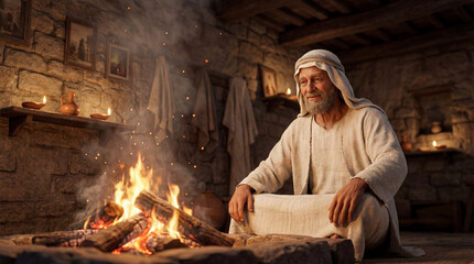 Elderly man in historical robes warms himself by a cozy fireplace in a dimly lit stone room