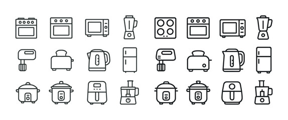 Fototapeta premium Kitchen appliance icons set: oven, microwave, blender, toaster, kettle, fridge, mixer, slow cooker, food processor