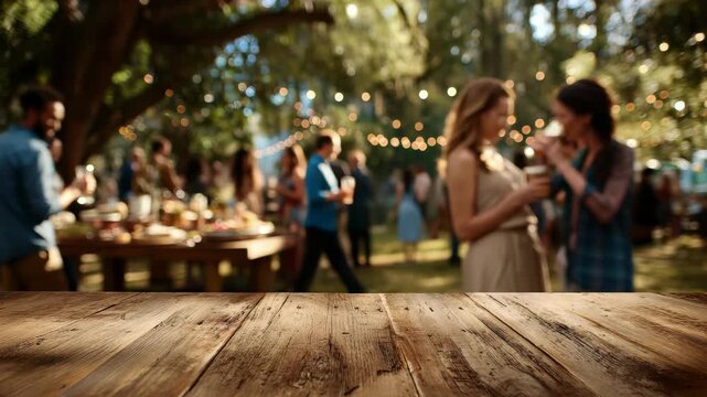 Backyard party with friends, wooden table in foreground with blurred background