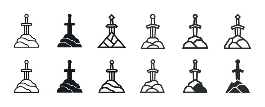 Excalibur sword icons: diverse styles of legendary sword in stone designs