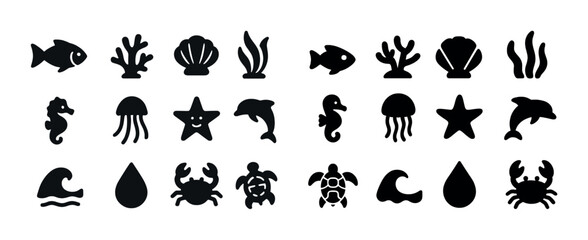 Naklejka premium Marine icons collection: fish, coral, seashell, seaweed, seahorse, jellyfish, starfish, dolphin, crab