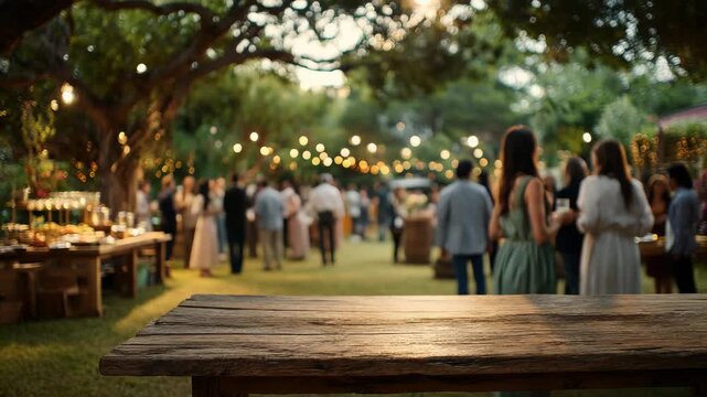 Elegant outdoor wedding reception with string lights and a rustic table