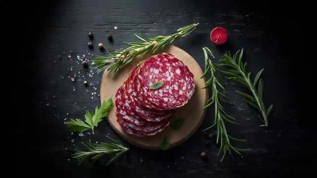Overhead shot of salami slices on wooden board with rosemary