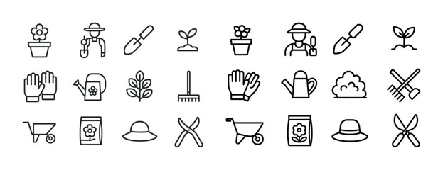 Naklejka premium Gardening icons collection: tools, plants, and activities