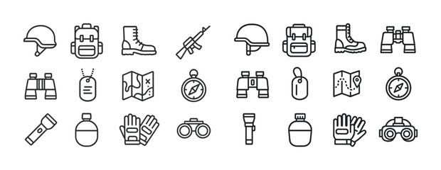 Naklejka premium Military equipment icons: helmet, backpack, boots, binoculars, dog tags, map, compass