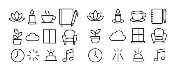 Minimalist icon set: nature, home, music, and relaxation elements