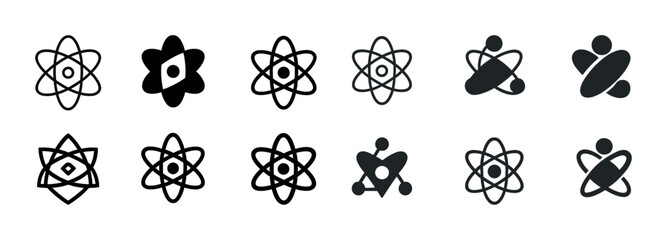 Collection of atomic icon designs in black and white variations
