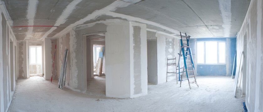 The art of refining interiors: drywall mastery in an attic space. Studio shot. Attic construction: the beginning of drywall spackling and plastering phase. Professional photo. Bright colors.