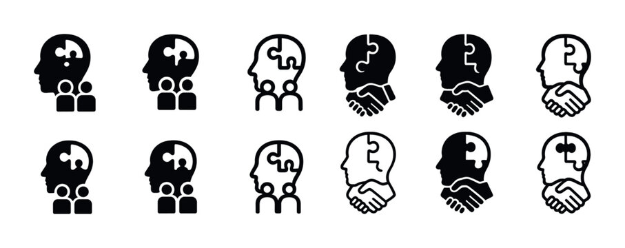 Black and white puzzle head icon set with collaboration and connection themes