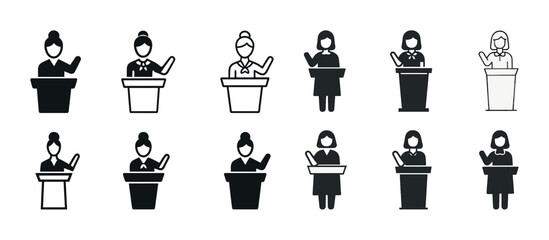Set of female speaker icons in various styles and poses