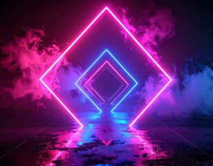 Glowing neon squares, layered, in a futuristic scene with vibrant smoke and a reflective surface