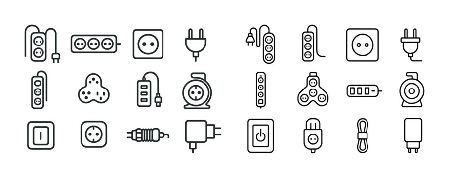 Assorted electrical outlets and plugs icons set in simple line art style