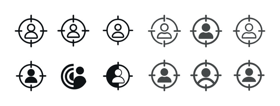 Minimalistic user focus icons and target crosshairs in black and gray