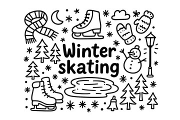 Winter Skating Doodle. Winter skating. Hand-drawn doodle illustration of winter skating. Ice skates, frozen