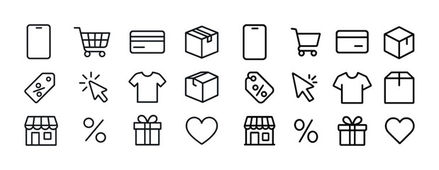Minimalist shopping icons: cart, card, box, gift, store, tag, shirt, heart