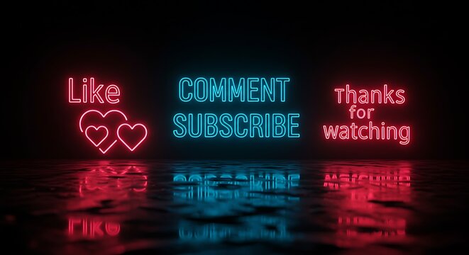 Glowing neon text in red and blue colors, encouraging interaction on a dark backdrop - Powered by Adobe