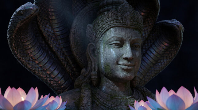 Ancient stone statue of a hindu deity with a multiheaded cobra and glowing lotus flowers in a spiritual setting