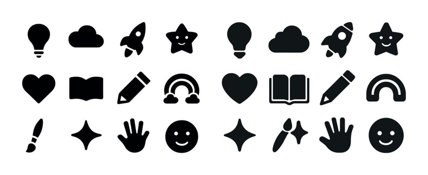Collection of black silhouette icons: lightbulb, cloud, star, rocket, heart, rainbow, pencil, book, brush, sparkle, hand, smile