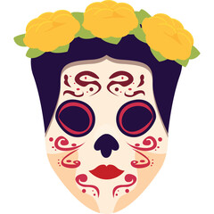 Day of the Dead Sugar Skull Mask with Yellow Flower Crown and Festive Red and Pink Face Paint Against a Transparent Background