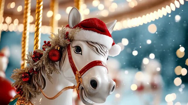 Magical carousel horse in festive motion with sparkling holiday lights