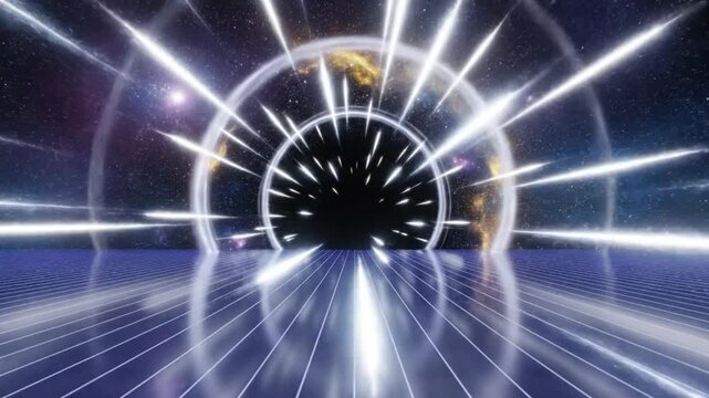 Abstract portal animation leading through glowing space corridor into an unknown dimension