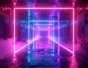 Glowing neon squares, leading to a hazy, atmospheric portal, reflecting on a wet, tiled floor