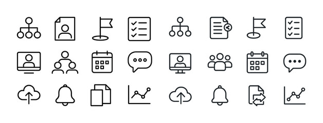 Minimalistic office icons set: organization, communication, data management, cloud, calendar, charts