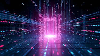 Fototapeta premium digital door portal gateway dimension in glowing neon line on industry industrial space with fast speed dynamic motion 