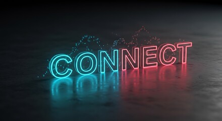 Glowing neon word "CONNECT" in cyan and magenta on a textured dark surface