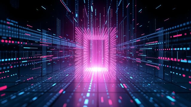 digital door portal gateway dimension in glowing neon line on industry industrial space with fast speed dynamic motion 