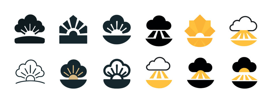 Collection of abstract sun and cloud icons in various geometric styles
