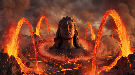 Divine presence of shiva amidst a dramatic volcanic eruption, surrounded by flowing lava and intense heat