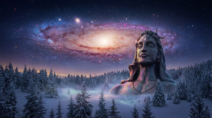 Majestic adiyogi shiva statue in a serene snowy forest under a breathtaking cosmic galaxy night sky