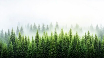 A dense forest of green evergreen trees shrouded in soft morning fog. The scene is serene and atmospheric with layers of trees fading into the mist.