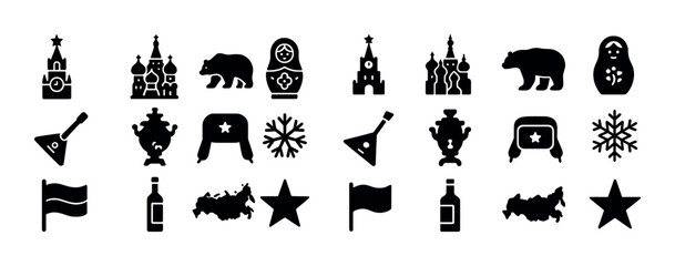 Silhouette icons of russian symbols including bear, matryoshka, kremlin, and balalaika